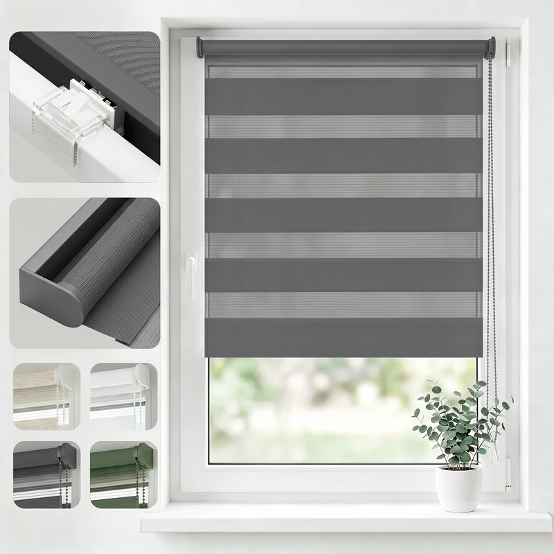 Salcar Doppelrollo Klemmfix Grau – Duo Rollo ohne Bohren für Fenster, Zebra Rollo mit Metallkern-Halterungen, Moderner Sicht- und Sonnenschutz