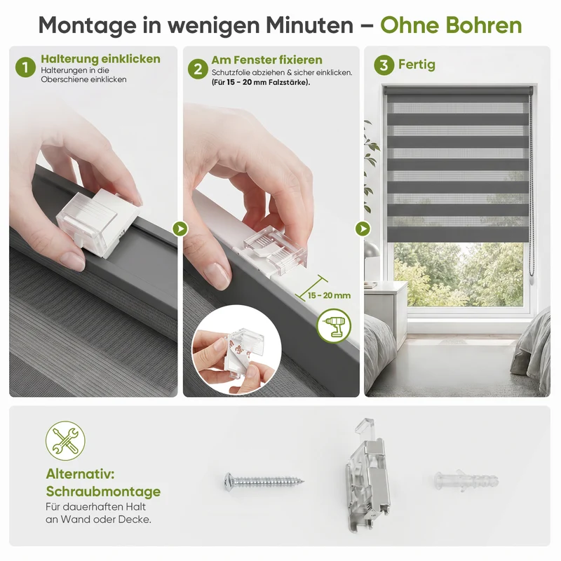 Salcar Doppelrollo Klemmfix Grau – Duo Rollo ohne Bohren für Fenster, Zebra Rollo mit Metallkern-Halterungen, Moderner Sicht- und Sonnenschutz