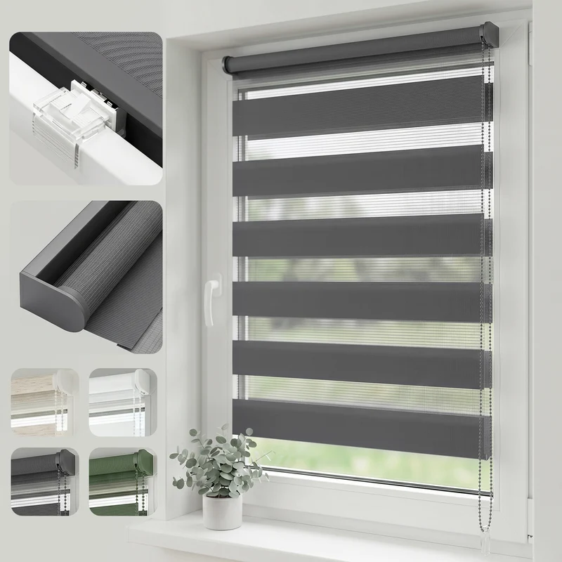 Salcar Doppelrollo Klemmfix Grau – Duo Rollo ohne Bohren für Fenster, Zebra Rollo mit Metallkern-Halterungen, Moderner Sicht- und Sonnenschutz