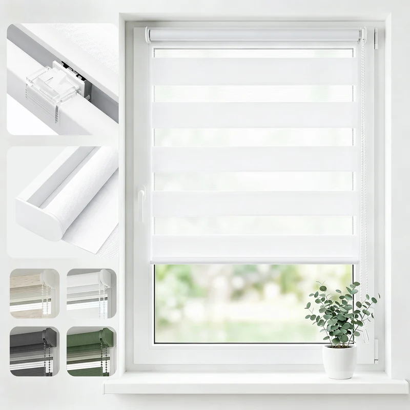 Salcar Doppelrollo Klemmfix Weiß – Duo Rollo ohne Bohren für Fenster, Zebra Rollo mit Metallkern-Halterungen, Stufenloser Sicht- und Sonnenschutz