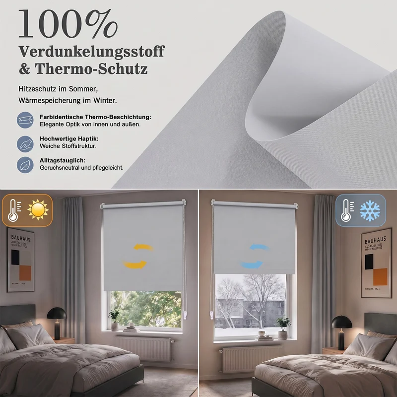 Salcar Thermorollo ohne Bohren Klemmfix Hellgrau – Verdunkelungsrollo für Fenster & Tür mit Thermobeschichtung, Sonnenschutz, Hitzeschutz & Sichtschutz