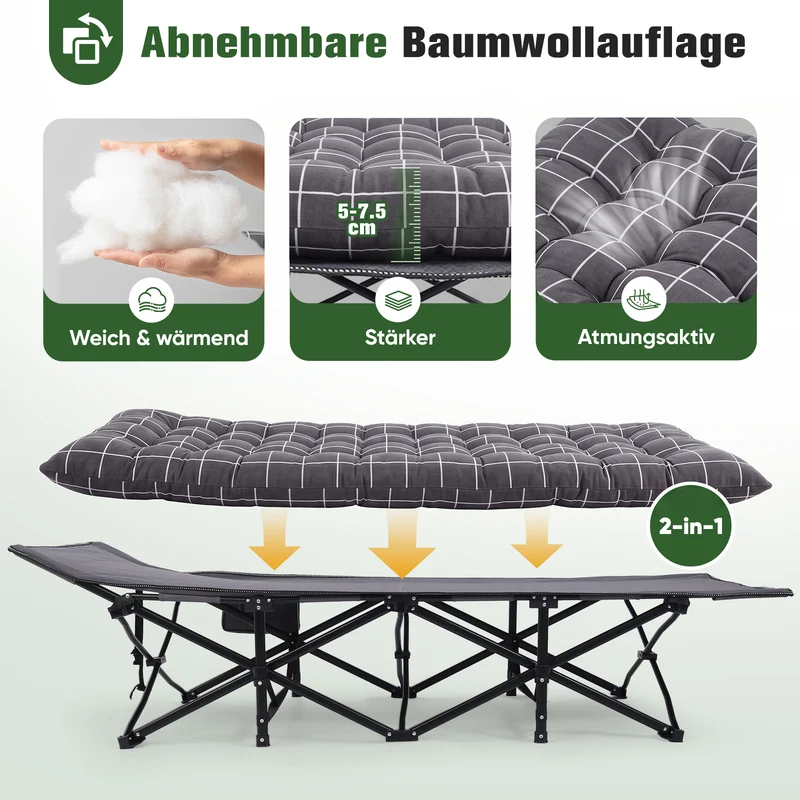 Sekey Feldbett Klappbar mit Matratze 190 × 71 cm – Campingbett bis 200 kg, Faltbett mit 7 cm Matratze, Tragbares Gästebett für Outdoor, Reisen & Zuhause