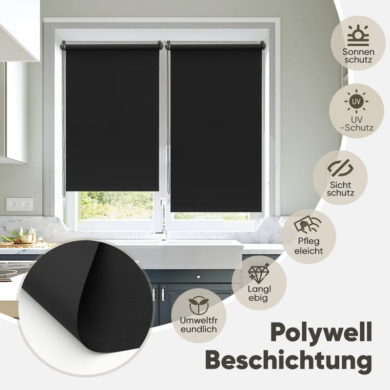 Sekey Verdunkelungsrollo ohne Bohren – Klemmfix Seitenzugrollo für Fenster, Sonnenschutz & Sichtschutz, 100 % Polyester, Schwarz