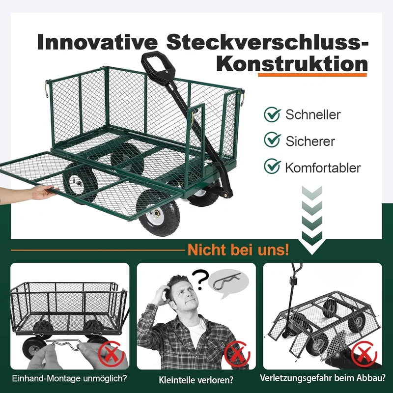 Sekey Bollerwagen Gartenwagen Serie Titan – 550 kg belastbar, 200L Transportkarre mit patentiertem Handgriff, 10-Zoll Vollgummi-Luftreifen, rostfrei & klappbar für Garten, Baustelle & Transport