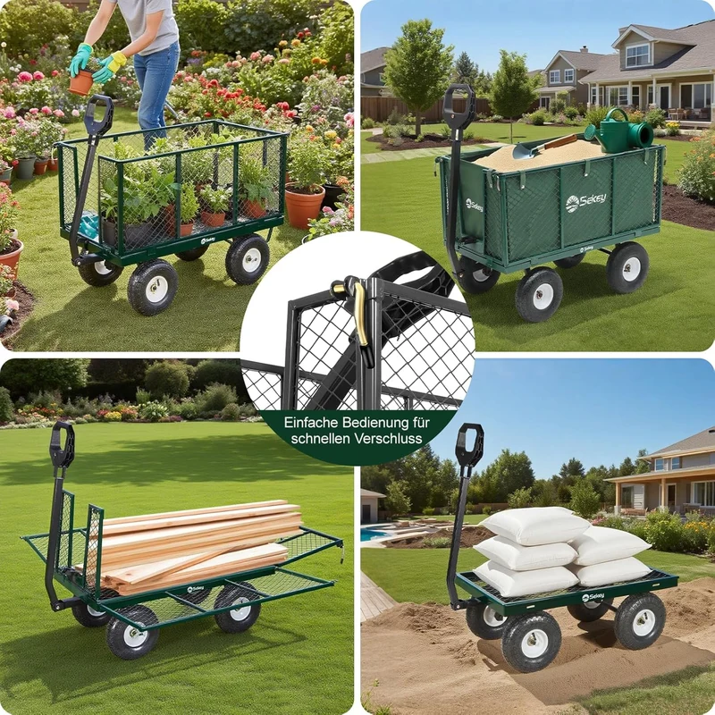 Sekey Bollerwagen Gartenwagen Serie Titan – 550 kg belastbar, 200L Transportkarre mit patentiertem Handgriff, 10-Zoll Vollgummi-Luftreifen, rostfrei & klappbar für Garten, Baustelle & Transport