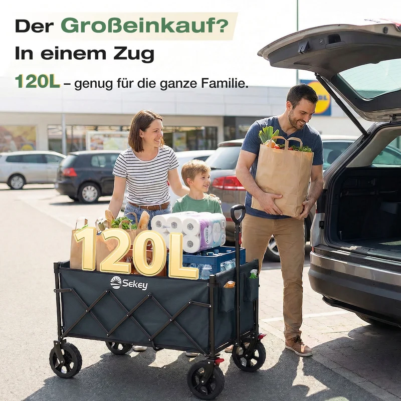 Sekey Bollerwagen Faltbar 120L – bis 100kg belastbar, Geländetauglicher Handwagen mit Bremse & verstellbarer Zugstange (83–103 cm), klappbar & kompakt für Camping, Einkauf & Transport, 4029 Pro, 4030