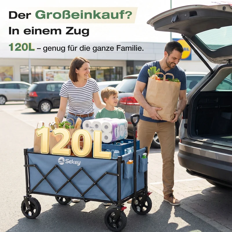 Sekey Bollerwagen Faltbar 120L – bis 100kg belastbar, Geländetauglicher Handwagen mit Bremse & verstellbarer Zugstange (83–103 cm), klappbar & kompakt für Camping, Einkauf & Transport, 4029 Pro, 4030