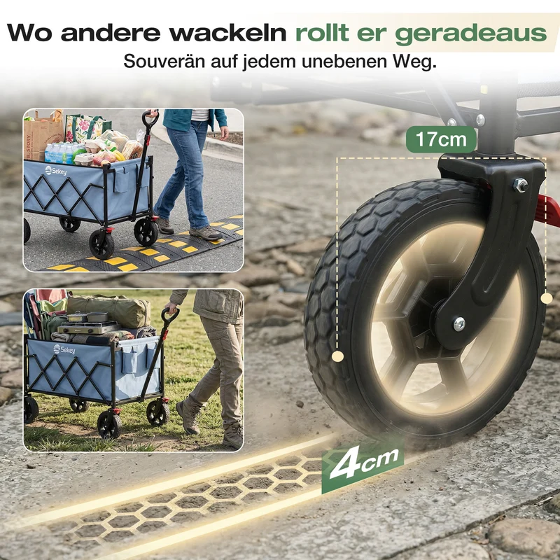 Sekey Bollerwagen Faltbar 120L – bis 100kg belastbar, Geländetauglicher Handwagen mit Bremse & verstellbarer Zugstange (83–103 cm), klappbar & kompakt für Camping, Einkauf & Transport, 4029 Pro, 4030