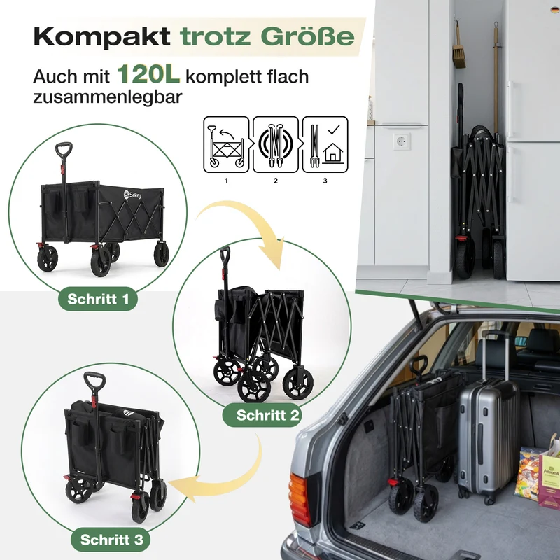 Sekey Bollerwagen Faltbar 120L – bis 100kg belastbar, Geländetauglicher Handwagen mit Bremse & verstellbarer Zugstange (83–103 cm), klappbar & kompakt für Camping, Einkauf & Transport, 4029 Pro, 4030