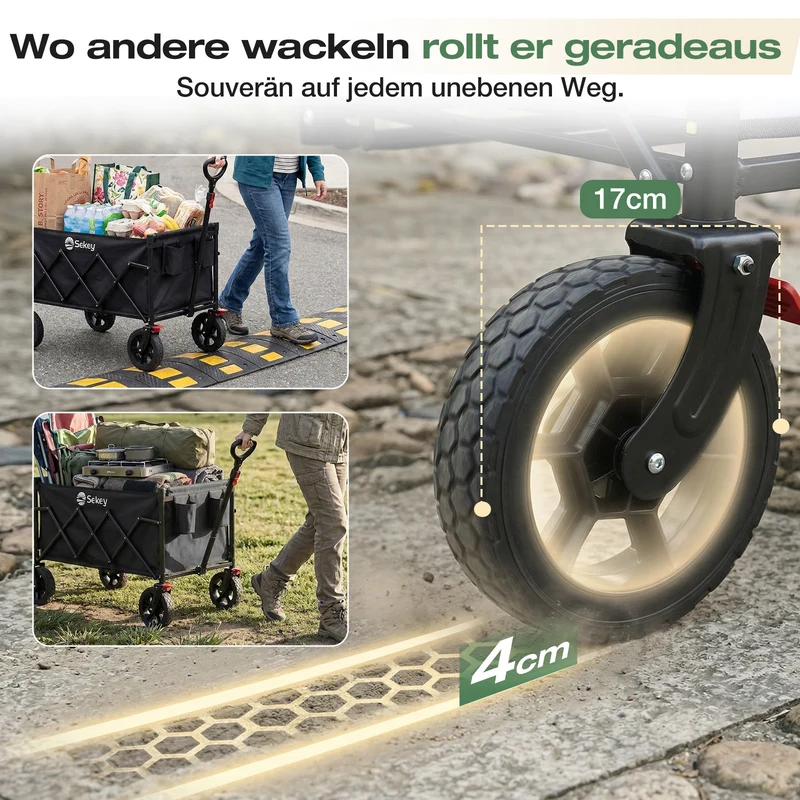 Sekey Bollerwagen Faltbar 120L – bis 100kg belastbar, Geländetauglicher Handwagen mit Bremse & verstellbarer Zugstange (83–103 cm), klappbar & kompakt für Camping, Einkauf & Transport, 4029 Pro, 4030