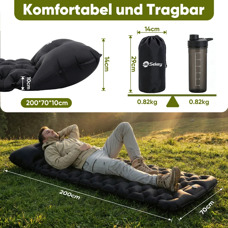 Sekey Selbstaufblasbare Isomatte 200×70×10 cm – Ultraleicht, Komfortabel & Wasserdicht für Camping, Trekking & Outdoor