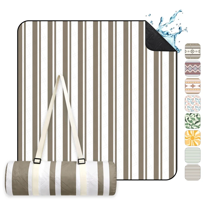 Sekey Picknickdecke Wasserdicht – Sandfreie Stranddecke mit klassischem Streifenmuster in Braun-Weiß, In Beige/Weiß gestreift, PEVA-Unterseite & Tragegurt für Picknick, Camping und Strand