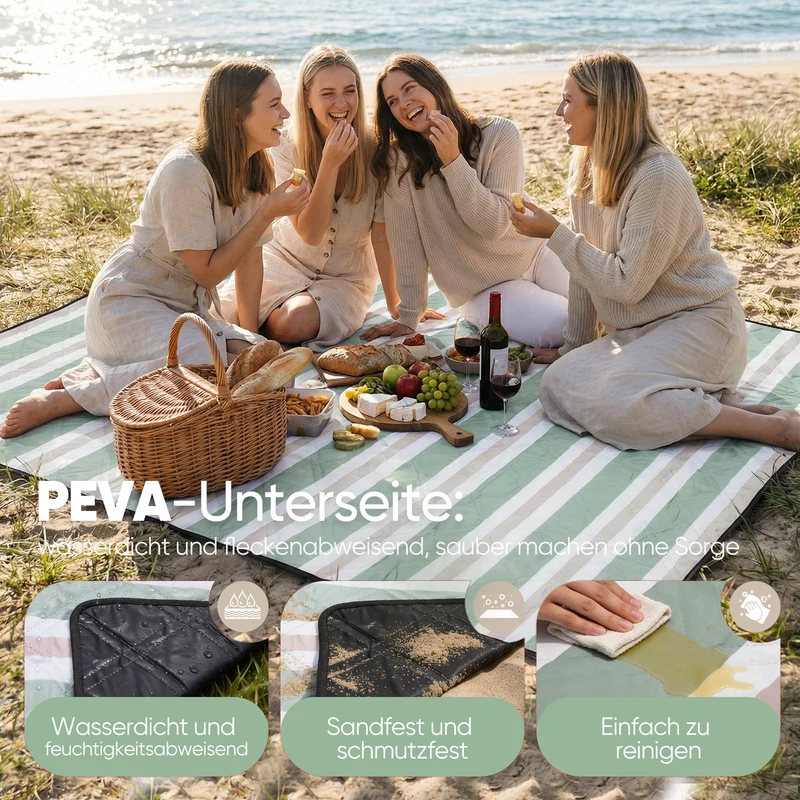 Sekey Picknickdecke Wasserdicht – Sandfreie Stranddecke mit Klassischem Streifenmuster in Hellgrün, Hellbraun & Weiß, PEVA-Unterseite & Tragegurt für Picknick, Camping und Strand