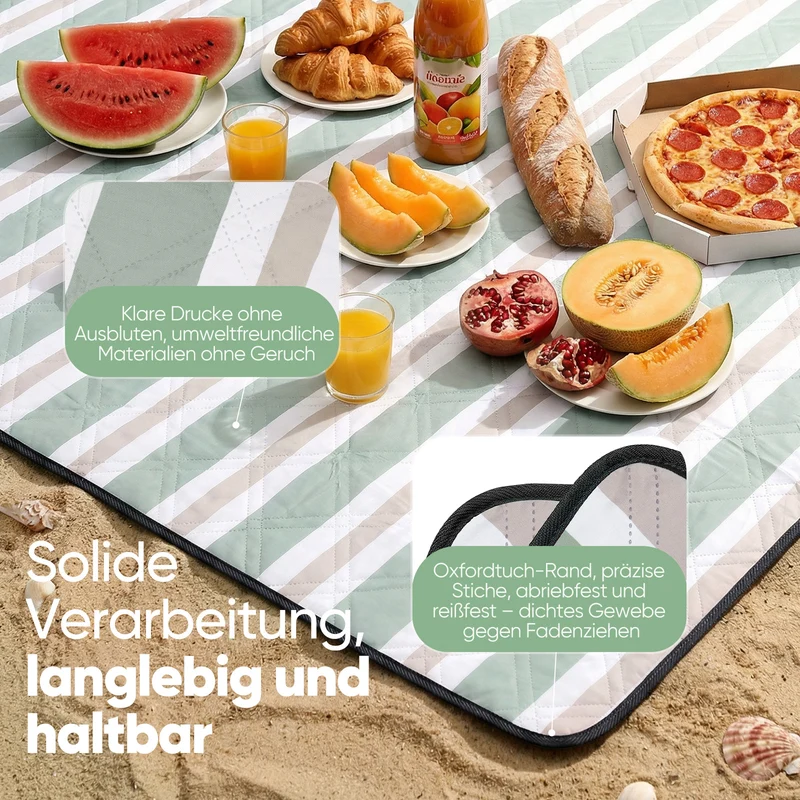 Sekey Picknickdecke Wasserdicht – Sandfreie Stranddecke mit Klassischem Streifenmuster in Hellgrün, Hellbraun & Weiß, PEVA-Unterseite & Tragegurt für Picknick, Camping und Strand