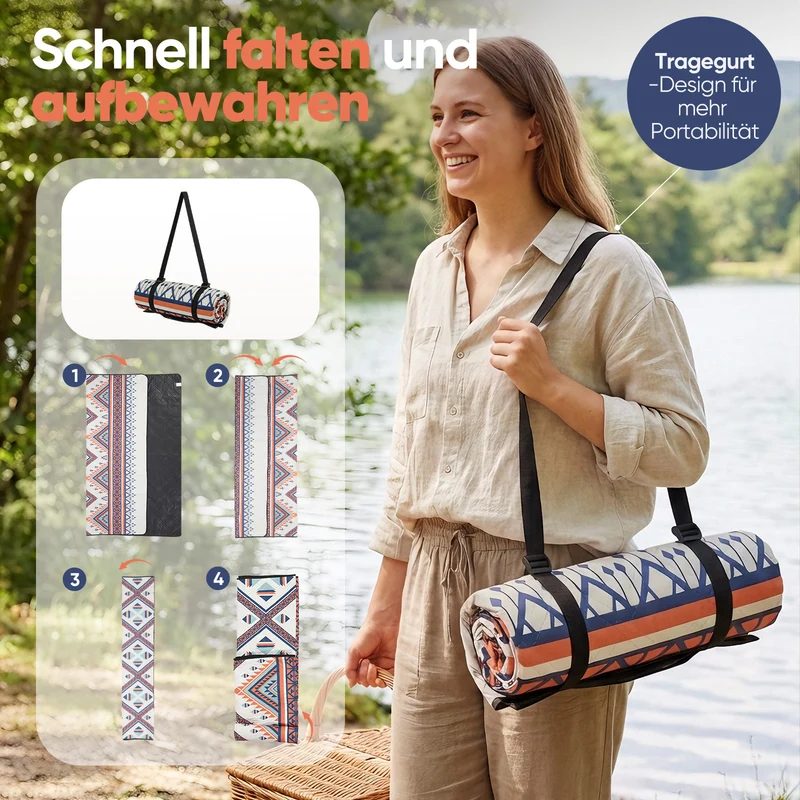 Sekey Picknickdecke Wasserdicht 200x200 cm – Sandfreie Stranddecke im Bunte Bohemian Design, PEVA-Unterseite & Tragegurt für Picknick, Camping und Strand
