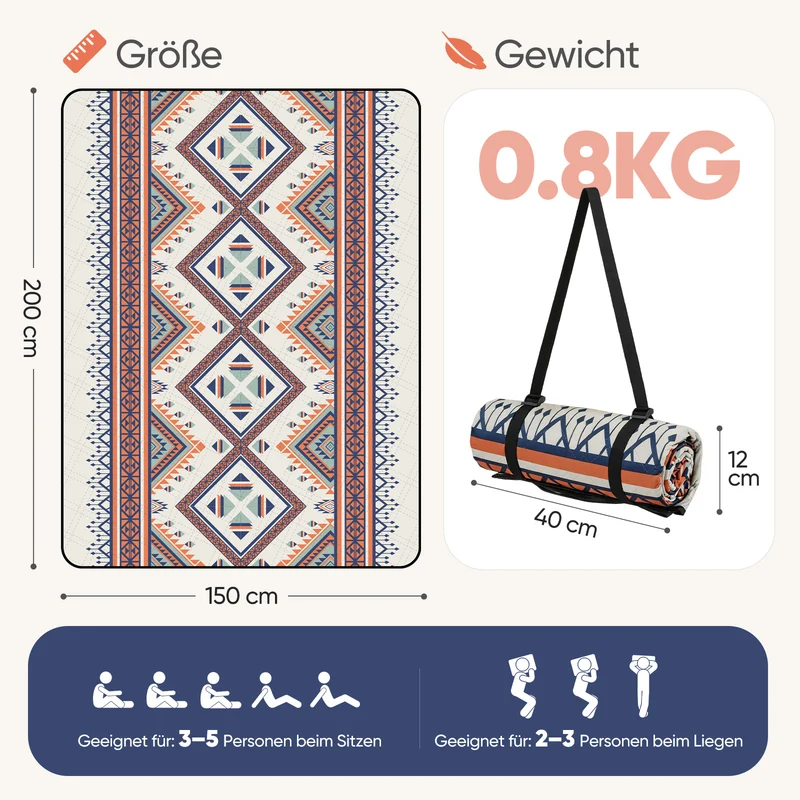 Sekey Picknickdecke Wasserdicht 200x200 cm – Sandfreie Stranddecke im Bunte Bohemian Design, PEVA-Unterseite & Tragegurt für Picknick, Camping und Strand