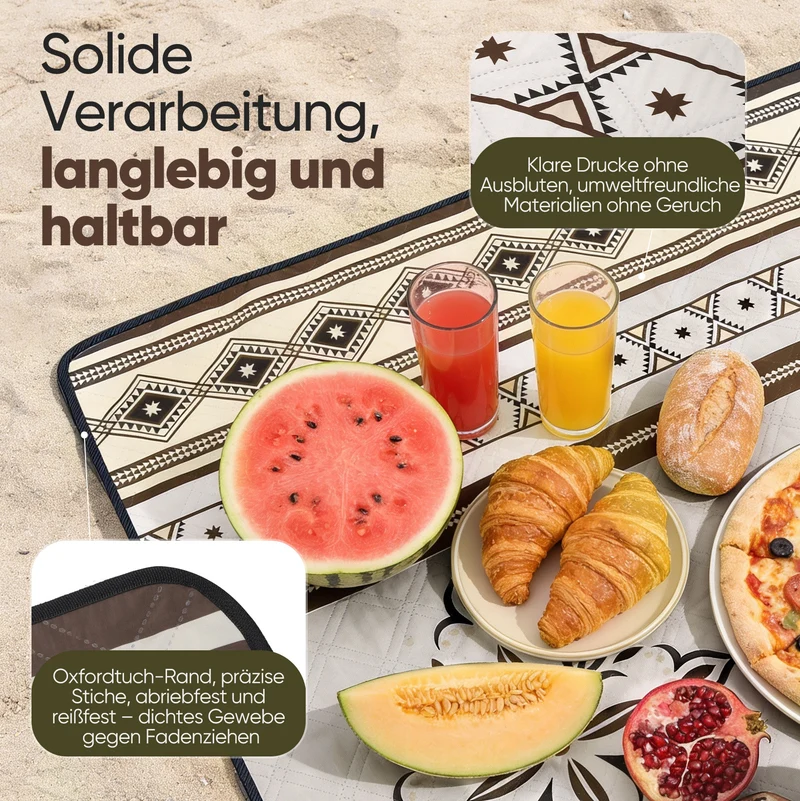 Sekey Picknickdecke Wasserdicht 200x200 cm – Sandfreie Stranddecke im Retro Bohemian Beige Design, PEVA-Unterseite & Tragegurt für Picknick, Camping und Strand