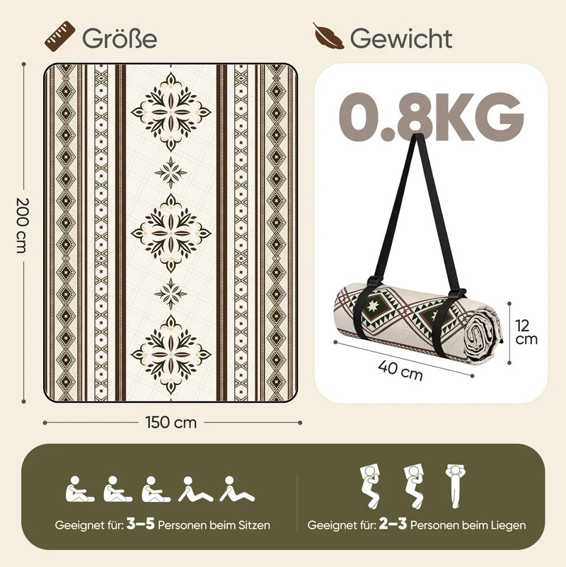 Sekey Picknickdecke Wasserdicht 200x200 cm – Sandfreie Stranddecke im Retro Bohemian Beige Design, PEVA-Unterseite & Tragegurt für Picknick, Camping und Strand