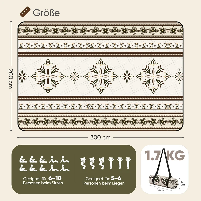 Sekey Picknickdecke Wasserdicht 200x200 cm – Sandfreie Stranddecke im Retro Bohemian Beige Design, PEVA-Unterseite & Tragegurt für Picknick, Camping und Strand