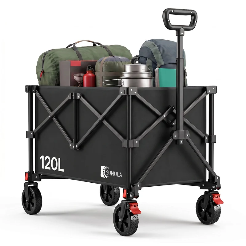 Sunula K2 Bollerwagen 120 L – Faltbarer Handwagen mit 80 kg Tragkraft, 360°-Rädern & Bremse, 4-seitig klappbar Produktbeschreibung