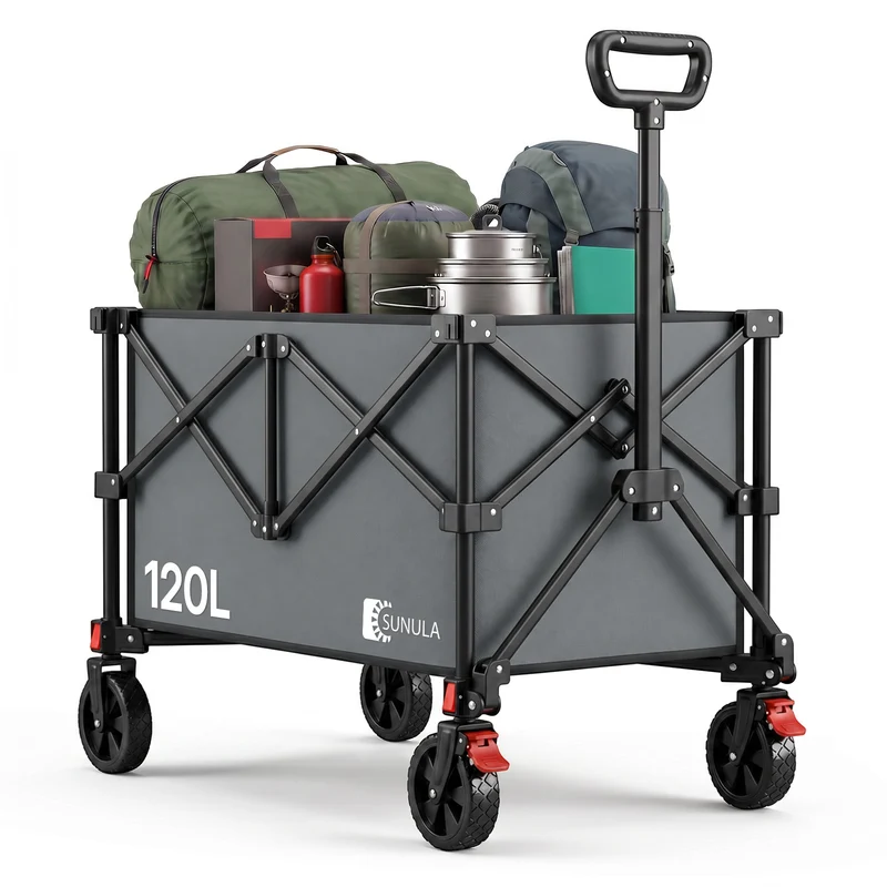Sunula K2 Bollerwagen 120 L – Faltbarer Handwagen mit 80 kg Tragkraft, 360°-Rädern & Bremse, 4-seitig klappbar Produktbeschreibung