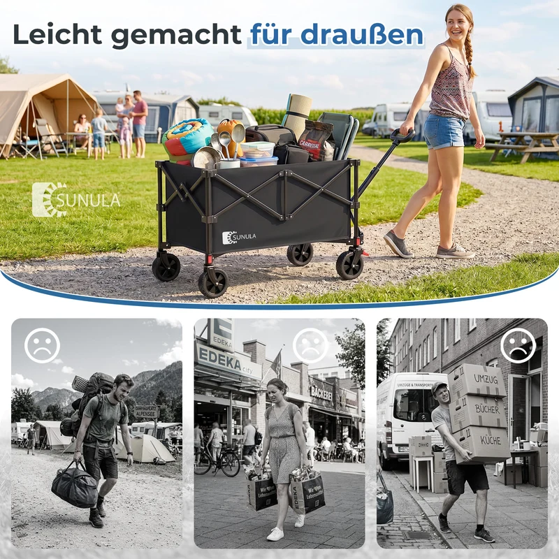 Sunula K2 Bollerwagen 120 L – Faltbarer Handwagen mit 80 kg Tragkraft, 360°-Rädern & Bremse, 4-seitig klappbar Produktbeschreibung