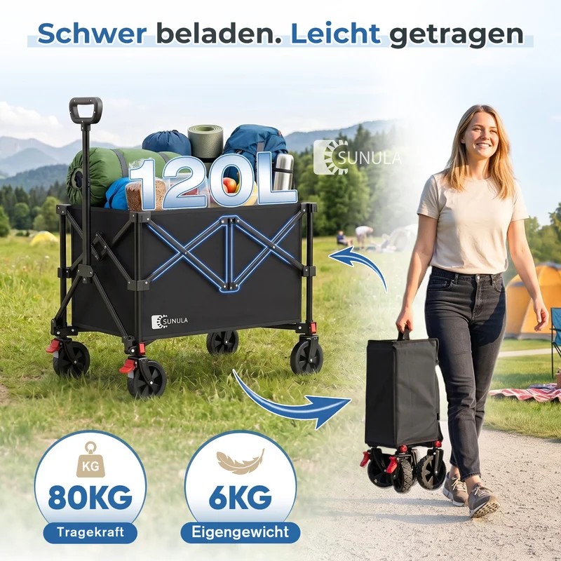 Sunula K2 Bollerwagen 120 L – Faltbarer Handwagen mit 80 kg Tragkraft, 360°-Rädern & Bremse, 4-seitig klappbar Produktbeschreibung