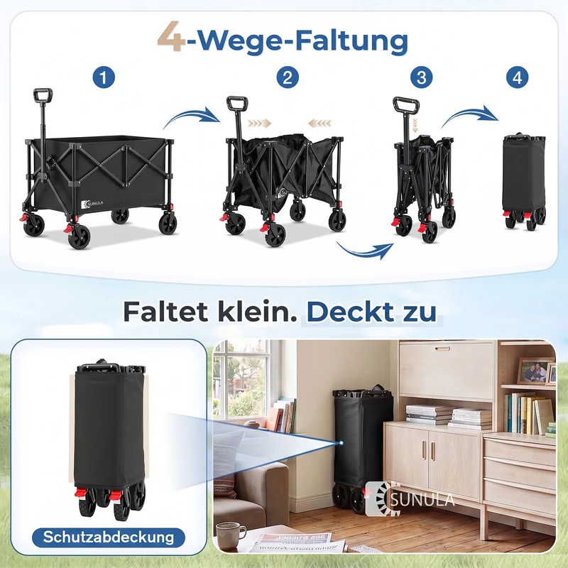 Sunula K2 Bollerwagen 120 L – Faltbarer Handwagen mit 80 kg Tragkraft, 360°-Rädern & Bremse, 4-seitig klappbar Produktbeschreibung