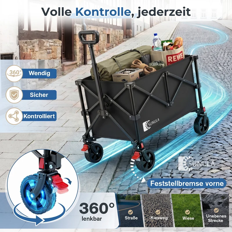 Sunula K2 Bollerwagen 120 L – Faltbarer Handwagen mit 80 kg Tragkraft, 360°-Rädern & Bremse, 4-seitig klappbar Produktbeschreibung