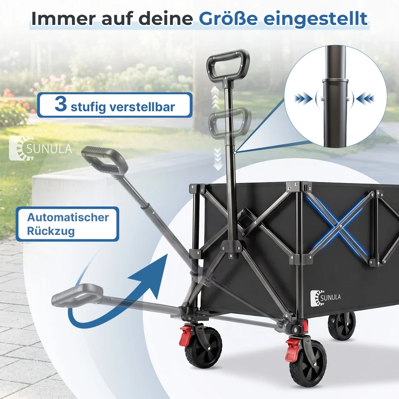 Sunula K2 Bollerwagen 120 L – Faltbarer Handwagen mit 80 kg Tragkraft, 360°-Rädern & Bremse, 4-seitig klappbar Produktbeschreibung