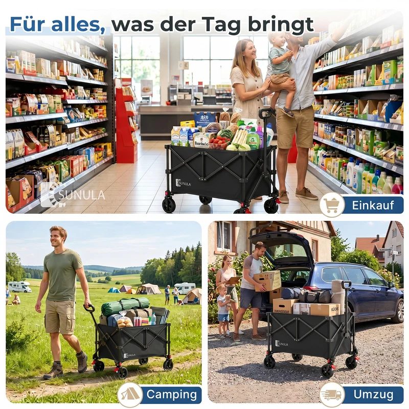 Sunula K2 Bollerwagen 120 L – Faltbarer Handwagen mit 80 kg Tragkraft, 360°-Rädern & Bremse, 4-seitig klappbar Produktbeschreibung
