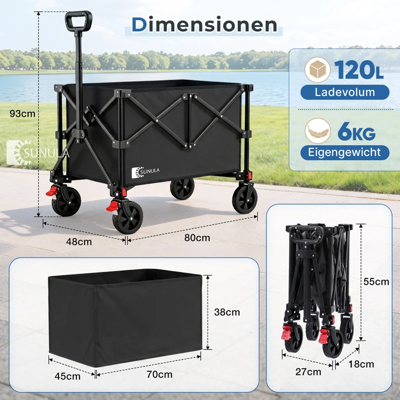 Sunula K2 Bollerwagen 120 L – Faltbarer Handwagen mit 80 kg Tragkraft, 360°-Rädern & Bremse, 4-seitig klappbar Produktbeschreibung