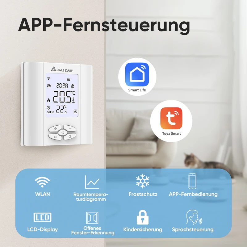 Salcar T5W WLAN Raumthermostat Smart Thermostat – Programmierbares WiFi Heizungsthermostat mit Luftfeuchtigkeit, Tuya App & Wochenprogramm, für Fußbodenheizung und Warmwasser