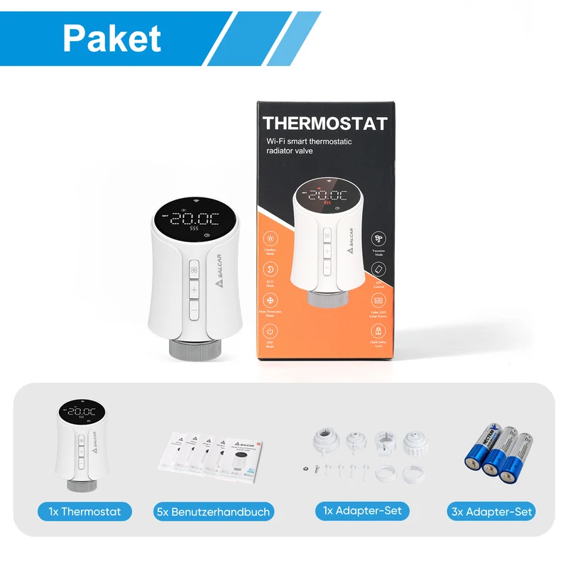 Salcar Smartes Heizkörperthermostat WLAN – WiFi Heizungsthermostat mit Tuya App, kompatibel mit Amazon Alexa & Google Home, programmierbar, ohne Gateway, Smart Heizkörperthermostat