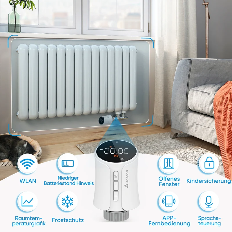 Salcar Smartes Heizkörperthermostat WLAN – WiFi Heizungsthermostat mit Tuya App, kompatibel mit Amazon Alexa & Google Home, programmierbar, ohne Gateway, Smart Heizkörperthermostat