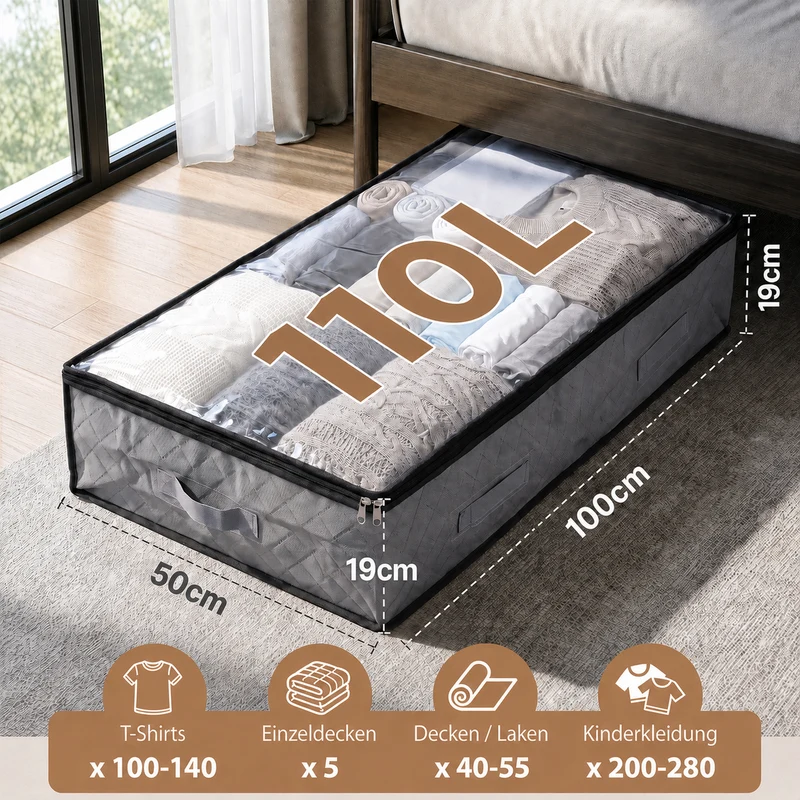 Sekey Unterbett-Aufbewahrungstasche 110L – Faltbare Aufbewahrungsbox mit transparentem Deckel, Doppelreißverschluss & 4 Tragegriffen, 100 × 50 × 19 cm, für Kleidung, Bettwäsche & Decken