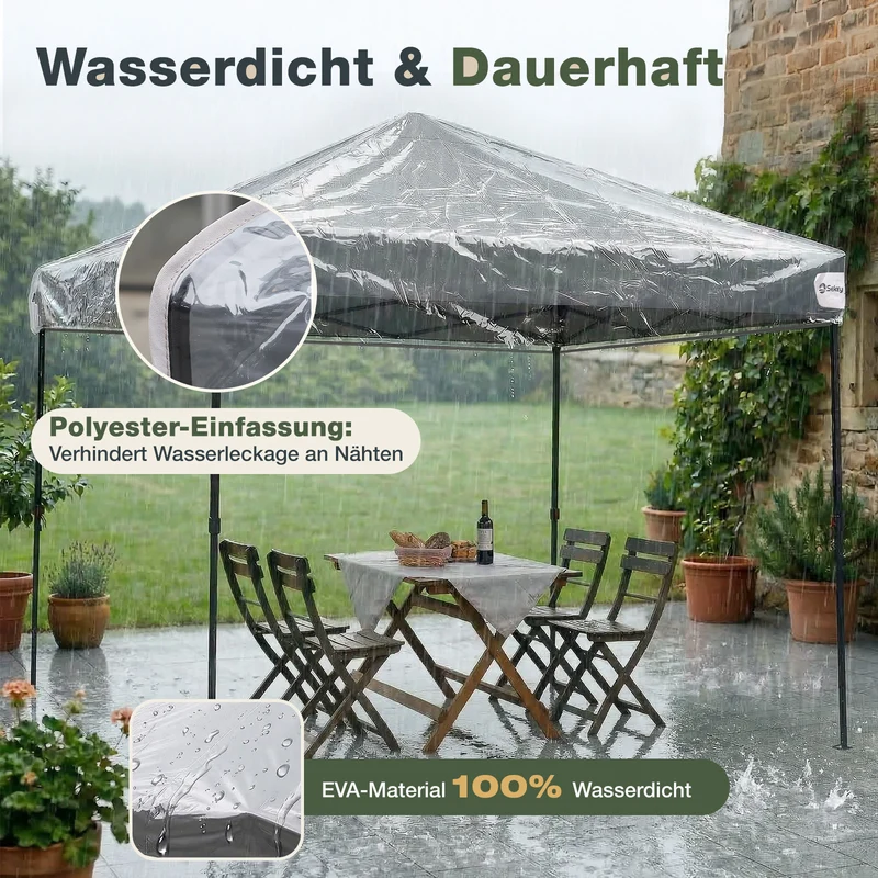 Sekey Faltpavillon 3x3 m mit 4 Seitenteilen & transparentem EVA-Regenschutz – Wasserdichter Gartenpavillon, Pop-Up Partyzelt mit 420D Oxford-Gewebe & UPF 50+