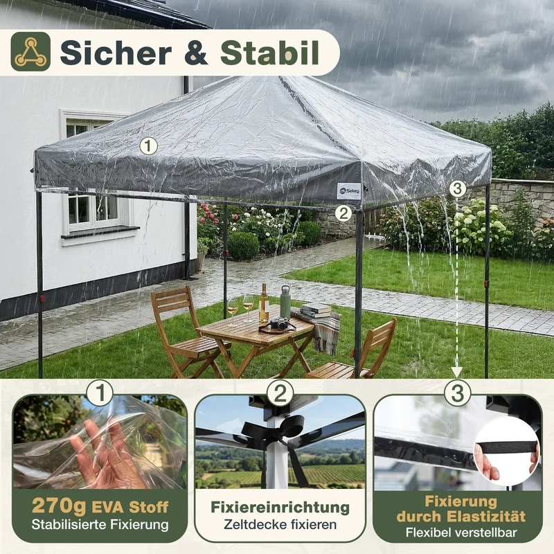 Sekey Faltpavillon 3x3 m mit 4 Seitenteilen & transparentem EVA-Regenschutz – Wasserdichter Gartenpavillon, Pop-Up Partyzelt mit 420D Oxford-Gewebe & UPF 50+