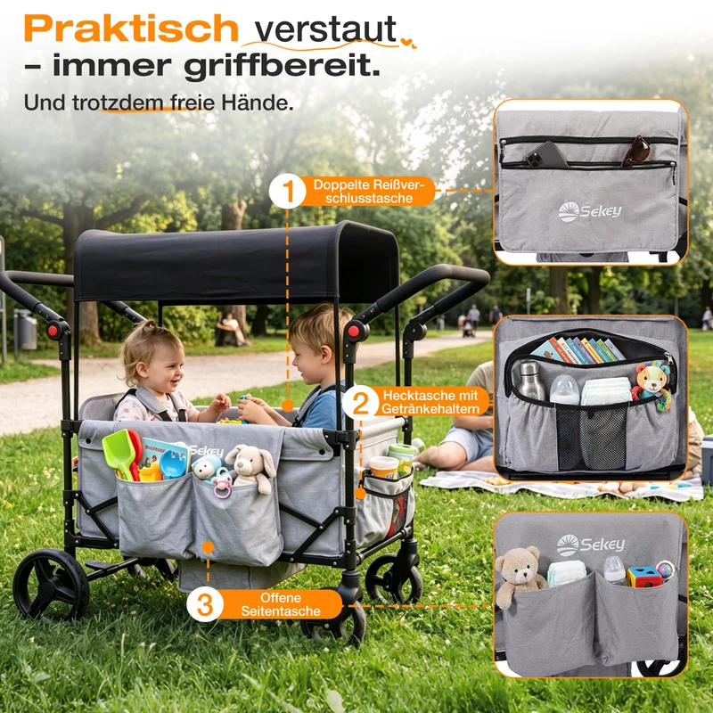 Sekey Bollerwagen faltbar mit Dach für 1–2 Kinder – Kinderwagen mit XXL-Rädern, 5-Punkt-Gurt & flexibler Sitz-/Liegefläche, bis 110 kg, Serie SS9090