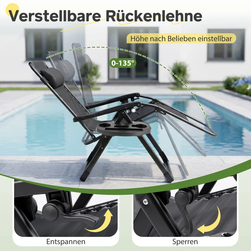 Sekey XXL Gartenliege klappbar – 74 cm breite Sonnenliege mit Polsterauflage, 3-fach verstellbarer Rückenlehne, Nackenkissen & Getränkehalter, bis 150 kg