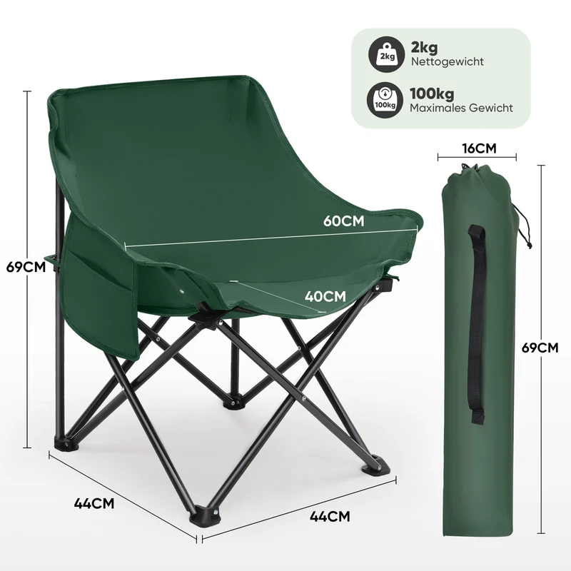 Sunula Campingstuhl Faltbar Ultraleicht, 1/2 Stück, Tragbar mit Tragetasche und Seitentaschen, 100 kg Belastbar, Rutschfeste Füße, Mondstuhl Design, Für Camping, Angeln, Picknick, Garten, Strand, 600D Oxford-Stoff