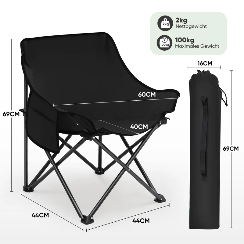 Sunula Campingstuhl Faltbar Ultraleicht, 1/2 Stück, Tragbar mit Tragetasche und Seitentaschen, 100 kg Belastbar, Rutschfeste Füße, Mondstuhl Design, Für Camping, Angeln, Picknick, Garten, Strand, 600D Oxford-Stoff