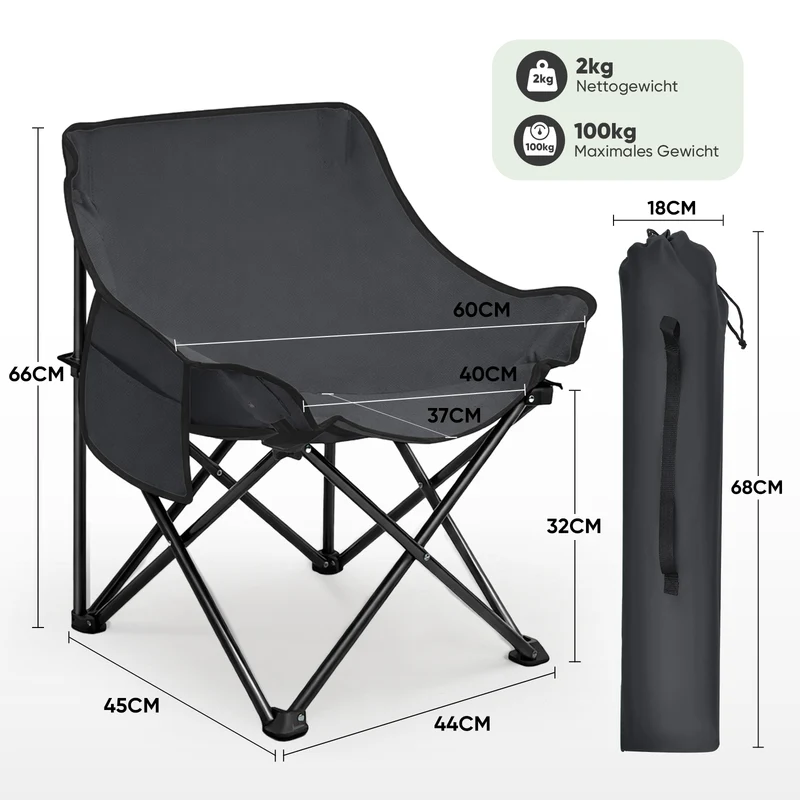 Sunula Campingstuhl Faltbar Ultraleicht, 1/2 Stück, Tragbar mit Tragetasche und Seitentaschen, 100 kg Belastbar, Rutschfeste Füße, Mondstuhl Design, Für Camping, Angeln, Picknick, Garten, Strand, 600D Oxford-Stoff