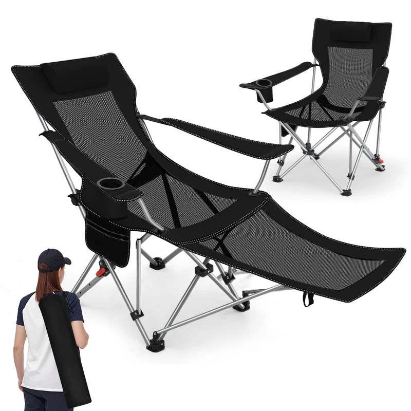 Sunula Klappbarer Campingstuhl, Liegestuhl 2-in-1, Belastbar bis 100 kg, Abnehmbare Fußablage, Getränkehalter, Tragetasche, Leicht, Verstellbare Rückenlehne, Für Angeln, Strand, Camping, Garten, Outdoor