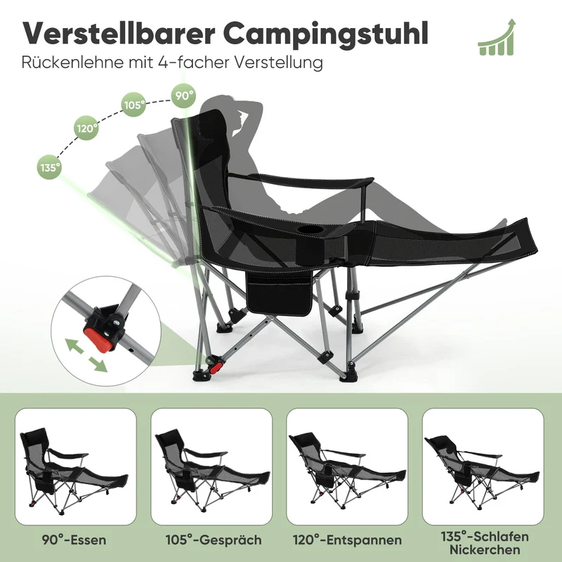 Sunula Klappbarer Campingstuhl, Liegestuhl 2-in-1, Belastbar bis 100 kg, Abnehmbare Fußablage, Getränkehalter, Tragetasche, Leicht, Verstellbare Rückenlehne, Für Angeln, Strand, Camping, Garten, Outdoor