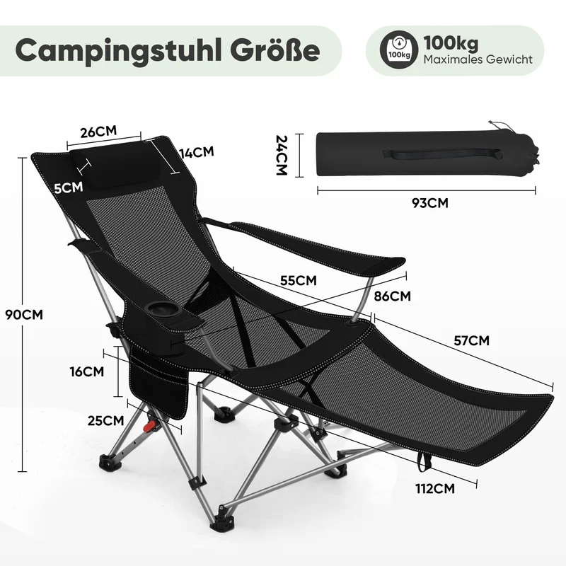 Sunula Klappbarer Campingstuhl, Liegestuhl 2-in-1, Belastbar bis 100 kg, Abnehmbare Fußablage, Getränkehalter, Tragetasche, Leicht, Verstellbare Rückenlehne, Für Angeln, Strand, Camping, Garten, Outdoor