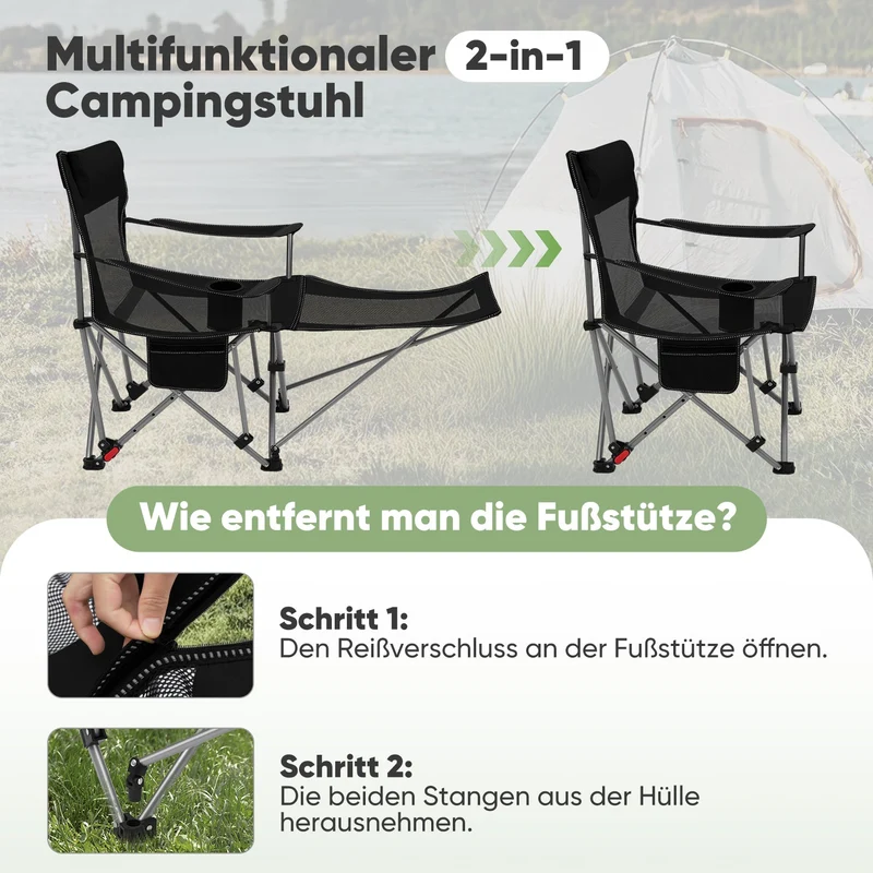 Sunula Klappbarer Campingstuhl, Liegestuhl 2-in-1, Belastbar bis 100 kg, Abnehmbare Fußablage, Getränkehalter, Tragetasche, Leicht, Verstellbare Rückenlehne, Für Angeln, Strand, Camping, Garten, Outdoor