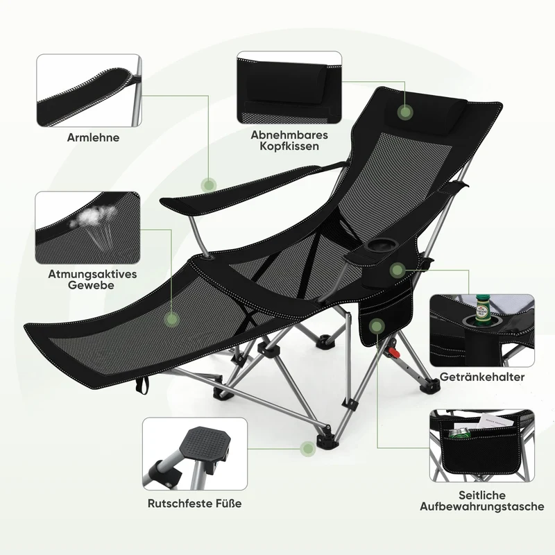 Sunula Klappbarer Campingstuhl, Liegestuhl 2-in-1, Belastbar bis 100 kg, Abnehmbare Fußablage, Getränkehalter, Tragetasche, Leicht, Verstellbare Rückenlehne, Für Angeln, Strand, Camping, Garten, Outdoor