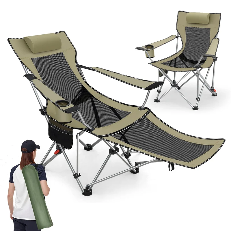 Sunula Klappbarer Campingstuhl, Liegestuhl 2-in-1, Belastbar bis 100 kg, Abnehmbare Fußablage, Getränkehalter, Tragetasche, Leicht, Verstellbare Rückenlehne, Für Angeln, Strand, Camping, Garten, Outdoor