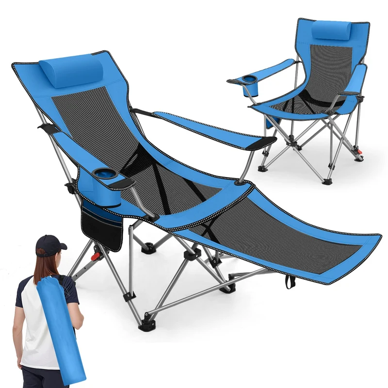 Sunula Klappbarer Campingstuhl, Liegestuhl 2-in-1, Belastbar bis 100 kg, Abnehmbare Fußablage, Getränkehalter, Tragetasche, Leicht, Verstellbare Rückenlehne, Für Angeln, Strand, Camping, Garten, Outdoor